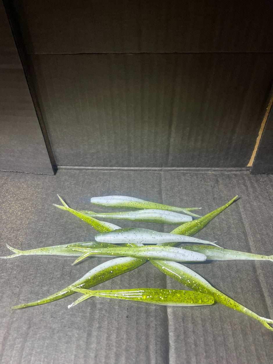 FLUKE Baby Bass Green and white 5-inch fluke with black and silver flake=BabyBass Fluke