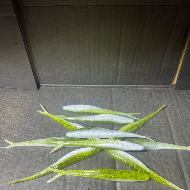 FLUKE Baby Bass Green and white 5-inch fluke with black and silver flake=BabyBass Fluke